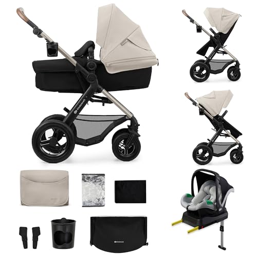 Kinderkraft MOOV2 AIR Kinderwagen 4 in 1 Kinderwagenset bis 22 kg mit Kindersitz I-SIZE 40-75 cm, Buggy Funktion, Liegeposition verstellbar, Große ausziehbare Verdeck, Aufblasbare Räder, Grau
