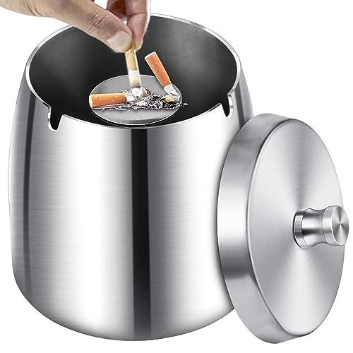 Royouzi Aschenbecher, Aschenbecher mit Deckel, Aschenbeche aus Edelstahl, Windaschenbecher, Standaschenbecher mit rutschfester Unterseite für den Außen- und Innenbereich