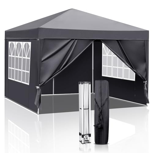 Bonnlo Pop-up Pavillon, Faltpavillon 3x3m, Höhenverstellbar, Wasserdicht Partyzelt mit 4 Seitenteilen, Gartenpavillon für Outdoor Hochzeit Garten Camping Party, Grau
