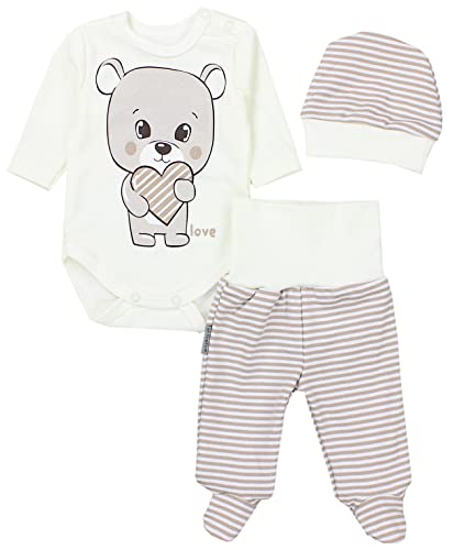 TupTam Baby Mädchen Jungen Bekleidungsset Langarmbody Hose Mütze mit Aufdruck Spruch 3 teilig, Farbe: Love Teddy/Streifen Beige Ecru, Größe: 56