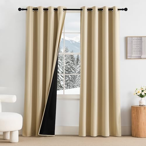 PONY DANCE Thermo Vorhang gegen Kälte Verdunklungsvorhänge mit Ösen 2er Set H 220 x B 140 cm Biscotti Beige, Schlafzimmer Gardinen 100% Blickdicht Thermal Curtains Blackout