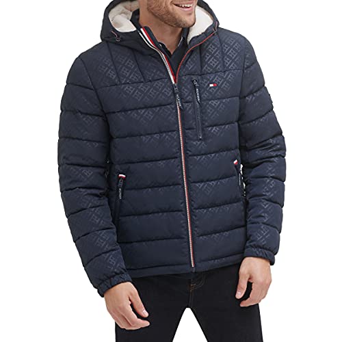 Tommy Hilfiger Herren Midweight Sherpa Lined Hooded Water Resistant Puffer Jacket Mantel, Tommy Logo Tech Navy, XXL