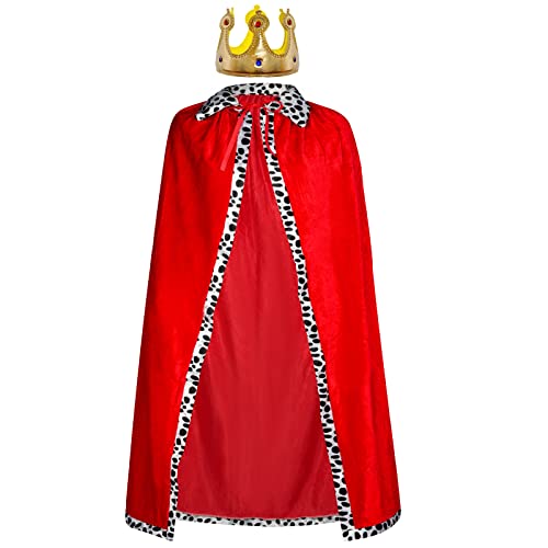 Königsmantel Königinsmantel Samtmantel Kostüm + Krone König Königin für Damen Herren Halloween Erwachsene Mottoparty Theater Fasching Cosplay Karneval Verkleiden Accessoires (49.2in/125cm, Red)