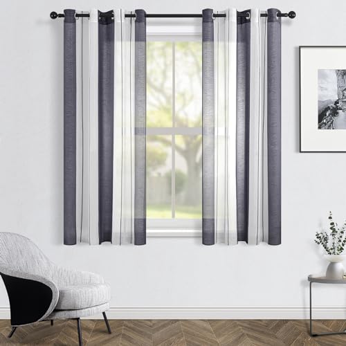 Topfinel Vorhänge mit Ösen Stores Gardinen Weiß-Grau Streifen Vorhang Halbtransparent kurz Ösenvorhang 140x145 cm Dekorieren Moderner Wohnzimmer