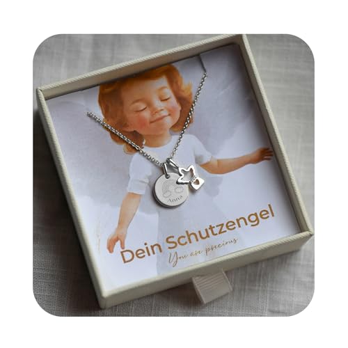 Schutzengel Kette für Mädchen personalisiert mit Gravur Symbol & Namen Silber 925 | Kinder Baby Halskette mit Engel-Anhänger | Taufkette Geschenk zur Taufe Kommunion Einschulung Geburt Patenkind