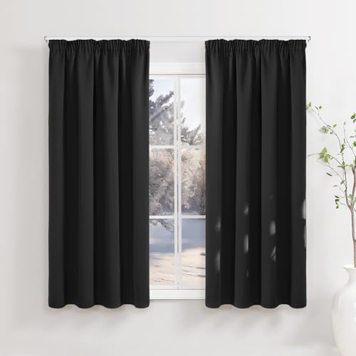 Runyéla Gardinen mit Kräuselband Vorhänge Blickdicht Schwarz Verdunkelungsvorhänge 2er Set 160 x 140 (HxB) für Schienensystem, Thermovorhänge Kälteschutz Schiebegardinen für Wohnzimmer Curtain