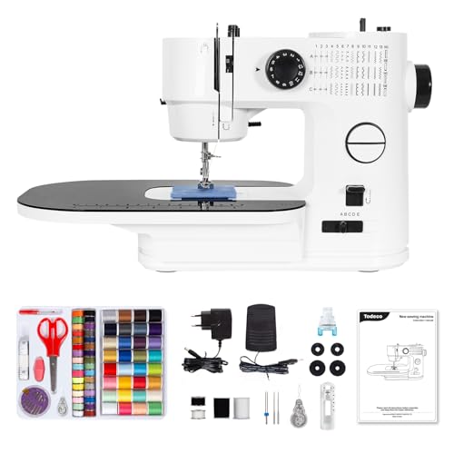 Todeco Nähmaschine Elektrisch, mit Erweiterungstisch, 39 Stichprogramme, Doppelnadel & Doppelfaden, Nähmaschine Klein mit LED-Licht, Fußpedal, Nähset, für Anfänger, Kinder, Amateure
