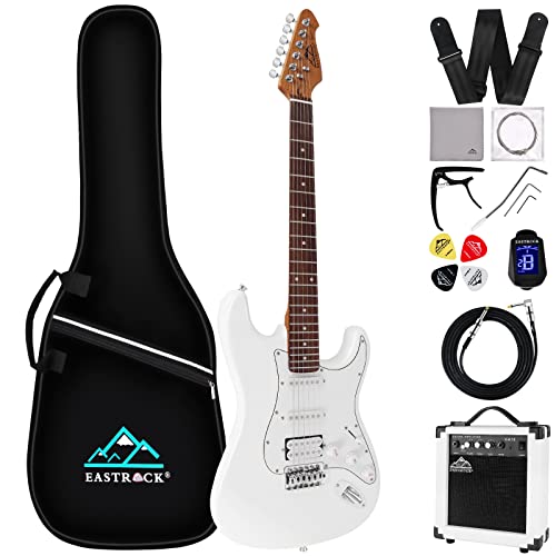 Eastrock E Gitarre Set E Guitar 39 Zoll Elektrogitarre mit Verstärker 10 Watt，Gitarre Tasche, Plektrum, Gurt, Stimmgerät, Instrumentenkabel, Ersatzsaiten,E Gitarren Set in Weiß