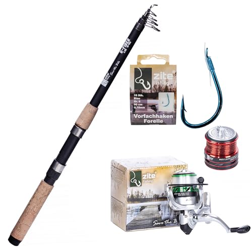 Zite Fishing Forellen Angelset | Teleskoprute 240cm + Angelrolle Bespult mit Ersatzspule + Vorfach-Haken 10 STK | Einsteiger Combo Angelaurüstung