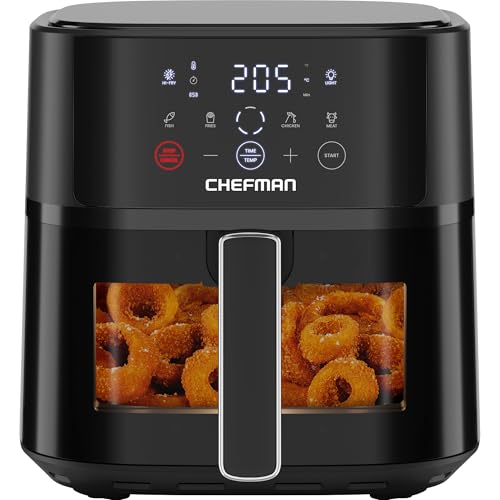 Chefman Heißluftfritteuse - 5,7 L kompakte Heissluftfritteuse, mit Hi-Fry Technologie, Sichtfenster, Touch Controls, antihaftbeschichtet und spülmaschinenfest - Schwarz