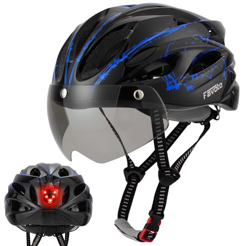 Favoto Fahrradhelm Herren mit Visier - Rücklicht Herausnehmbares Innenfutter Damenradhelm EPS-Innenformtechnologie Atmungsaktiv Leichtgewicht 57-61 cm Verstellbar Schwarz-Blau