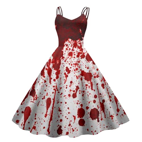 Halloween Kostüm Damen Kleid, Halloween Kostüm Damen Gruselig Blutige Zombie Braut Horror Elegant Brautkleid Ärmellos Aufdruck Kleid mit Blutigem Print Mittelalter Cocktailkleid Party Kleider