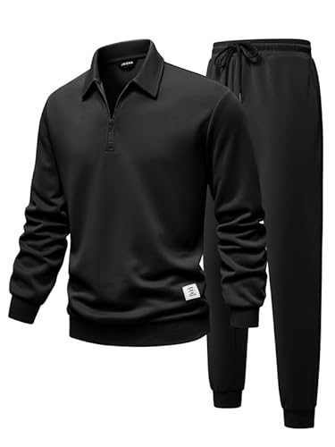 JMIERR Herren Jogginganzug Set Schwarz Polo Kragen 1/4 Reißverschluss 2-Teiliger Trainingsanzug Sweatsuit Paarkleidung Freizeit Tracksuit XL