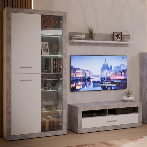Forte Finley Wohnwand 330, Moderne Wohnwand mit TV Schrank, Vitrine, Wandpaneel und Kommode, Holzwerkstoff, Weiß mit Betonoptik Akzenten, 328,4 cm breit x 193,7 cm hoch x 41 cm tief