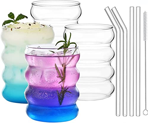 ALINK Gerippte Trinkgläser mit Glasstrohhalmen 4er Set, 350ml Eiskaffeegläser, Wave Gläser Tumbler, Wassergläser,Longdrinkgläser,Trinkgläser, für Cocktail,Wasser, Soda, Geschenk mit Pinsel
