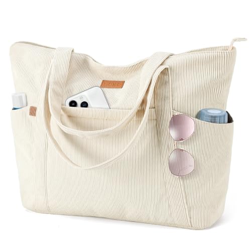 Lekespring Cord Tasche Damen, Groß Tote Bag Strandtasche mit Reißverschluss, Shopper Tasche Damen Laptoptasche mit 17 Zoll Laptopfach, Elegant Handtasche Umhängetasche für Arbeit Schule Gym-Beige