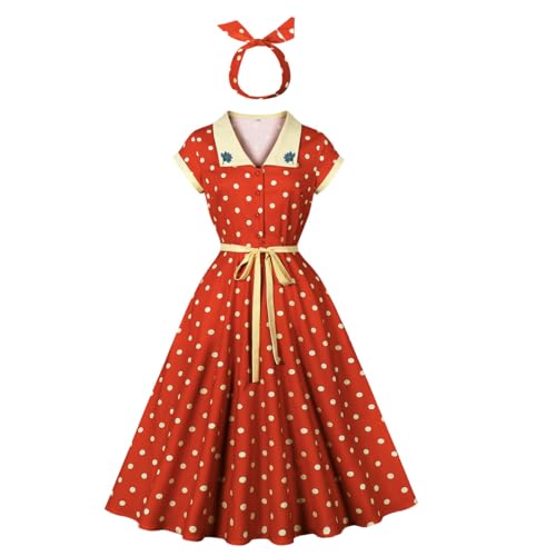 Odizli Rockabilly Kleider Damen Elegant Vintage Retro Sommer Polka Dot Petticoat Swing A Linie Knielang Sommerkleid Festlich Hochzeitsgast Coctailkleid mit Stirnband 50er Jahre Outfit Rot XL