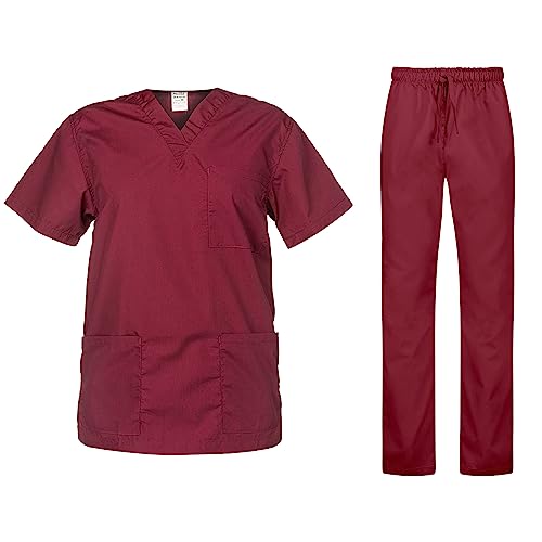 B-well Cesare Unisex-Schrubb-Set Schlupfkasack + Schlupfhose Set Medizin Arzt Uniform Schlupfjacke Oberteil mit Hose Medizinische Berufsbekleidung Bordeaux M