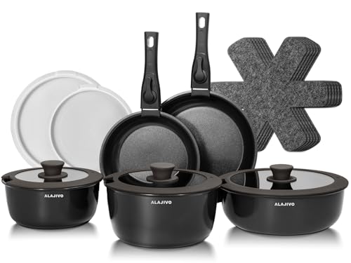 Topfset mit Abnehmbarer Griff, 17-Teilig Topfsets Pfannenset mit Keramik Antihaft Beschichtet, Topfset Induktion Kochtopf Set mit Deckel