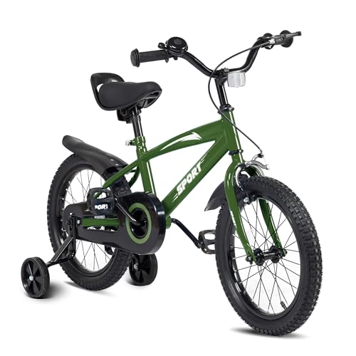 Kinderfahrrad 14 Zoll, Fahrrad für Jungen und Mädchen mit Stützrädern, stabilem Rahmen, verstellbarem Sitz, Handbremse und Rücktrittbremse, geeignet für Fahrer von 94 bis 107 cm (Grün)