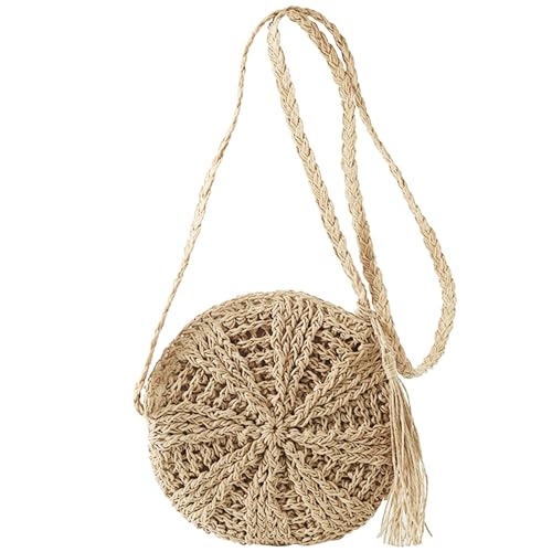 MEMOFYND 1 stück runde Strohtasche, böhmische Umhängetasche, geflochtene Messenger-Tasche, einfache Strandtasche, Quasten-Handtasche, geeignet für Reisen und Urlaub (Beige)