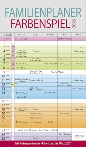Familien Planer Farbenspiel - Familienplaner 2026 für 5 Personen - Korsch-Verlag - Kalender mit 5 Spalten zum Eintragen - 27 cm x 46 cm