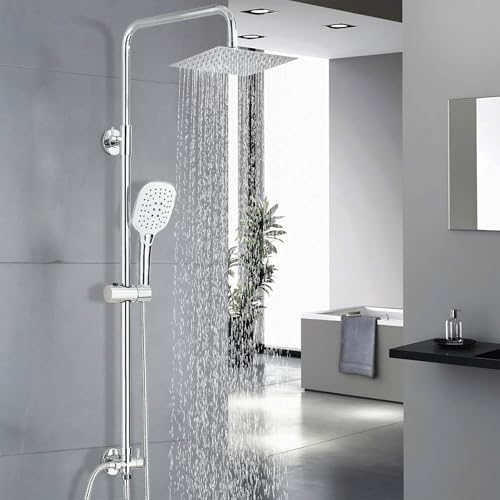 TVTIUO Badezimmer-Brausegarnitur mit Handbrause und Quadratischer Kopfbrause, Höhenverstellbare Duschset, Galvanisiert Verchromt(20x20cm)für Badezimmer