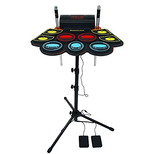 9 Pads Schlagzeug Elektronisch, E-Drum Set mit LED-leuchtende Trommelstöcke, Elektronisches Schlagzeug mit Trommelständer, Eingebauter Stereo-Lautsprecher mit 2 Fußpedale