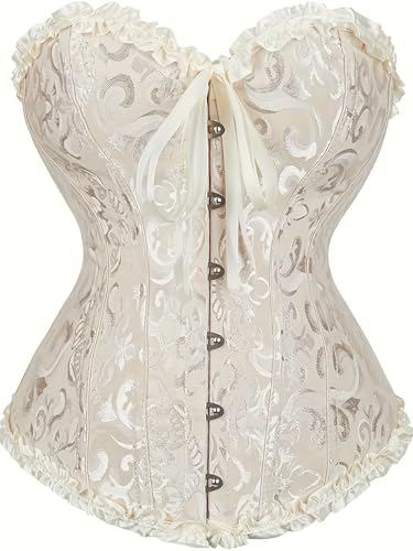 Zaleau Damen Korsett Vollbrust Corsage Top Gothic Vintage Bustier Halloween Kostüm Übergrößen, XS-6XL, Beige, S