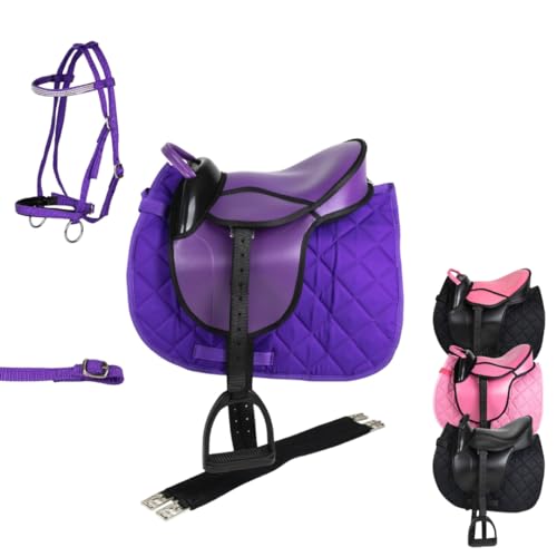 Marengos - Holzpferd Sattel Set | Sattel für Holzpferd mit Sattelgurt, Schabracke, Trense, Steigbügel & -Riemen | Sattel aus Kunstleder | Sattel-Typ Advanced in violett | Größe 12