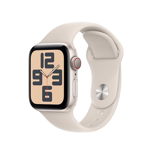 Apple Watch SE (2. Generation, 2023) (GPS + Cellular, 40 mm) Smartwatch mit Aluminiumgehäuse und Sportarmband (S/M) in Polarstern. Fitness- und Schlaftracker, Unfallerkennung, Herzfrequenzmesser