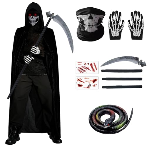 Halloween Sensenmann Kostüm Set - 6er Geister Sensenmann Umhang mit Maske & Sense & Handschuhen & Gummischlange und Aufklebern, Halloween Kostüm Kinder Grim Reaper Tod Kostüm Horror Sensenmann Jungen