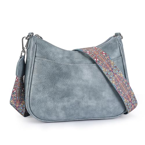 APHISON Klein Crossbody Bag mit Breitem Gurt Schultertasche Umhängetasche Damen veganem Leder blau Handtasche Tasche mit Abnehmbarem Schultergurt Kartenschlitz Reisetasche