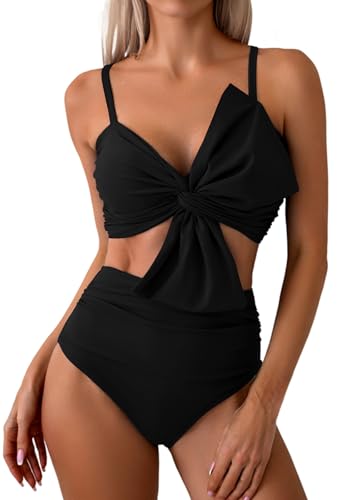 LUNNTE Bikini Sets für Damen High Waist Hoher Taille Bademode Bauchkontrolle Zweiteiliger Badeanzug Blumenmuster (Schwarz, L)