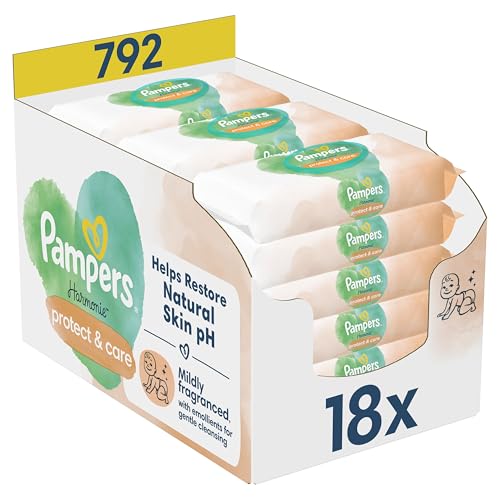 Pampers Harmonie Protect & Care Feuchttücher 18 Packungen mit jeweils 44 Feuchttüchern = 792 Feuchttücher, die helfen, den natürlichen pH-Wert der Haut wiederherzustellen