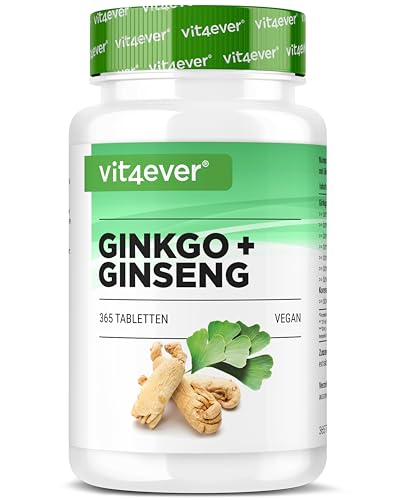 vit4ever Ginkgo + Ginseng - 365 Tabletten - Spezial Extrakt - Hochdosiert - Laborgeprüft - Ginkgo Biloba + Koreanischer Ginseng - Premium Qualität - Vegan