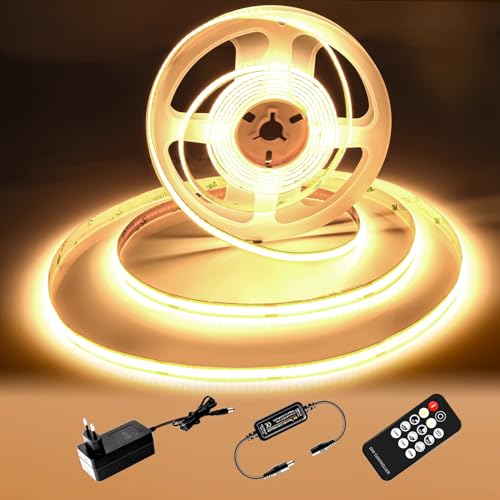 luktix COB LED Streifen 5M, LED Strip Warmweiss 3000K, 24V Lichtband Dimmbar, CRI92, 8mm Breite, mit Fernbedienung und Netzteil, DIY LED Band, für Home Dekoration, Küche, Spiegel