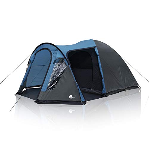 your GEAR Zelt Tivano - Kuppelzelt für 3 oder 5 Personen, Campingzelt mit Wohnraum und Fenstern, UV 50+ Sonnenschutz, dunkle Schlafkabine, Blau Grau, 5 Mann Version mit Stehhöhe und Seiteneingang