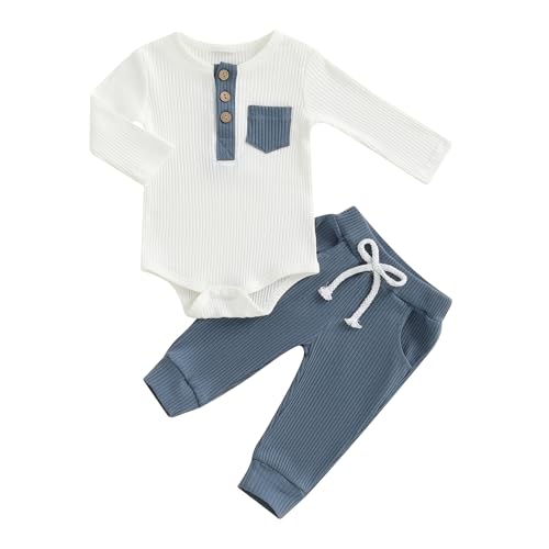 BeliBacca Neugeborenes Baby Jungen Frühling Herbst Kontrastfarbe Rippstrick Outfits Langarm Knopf Strampler Shirt Elastische Lange Hosen Set 2 Stück Säugling Winter Kleidung, blau, 0-3 Months