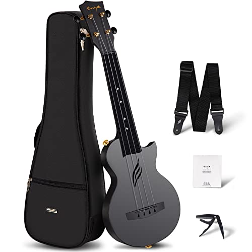 Enya Ukulele Sopran Nova U 21 Zoll Mini Kohlefaser Wasserdicht Ukulele mit Ukulele Anfänger Set Inkl Ukulelen Konzert Koffer, Gurt, Kapodaster und Saiten (Schwarz)