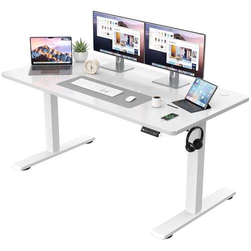 JUMMICO Höhenverstellbarer Schreibtisch KOMPLETTE TISCHPLATTE Elektrischer Schreibtisch Höhenverstellbar mit Memory-Funktion Steh-Sitz Tisch Computertisch 140 x 60 cm Weiß