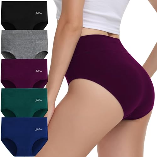 IceReco Unterhosen Damen Slip Damen Unterwäsche Frauen Set Bauchweg Unterhose Baumwolle 5er Pack High Waist Sportunterwäsche Panties Briefs Stretch Atmungsaktiv Weich Schwarz Grau Rot Blau Grün M