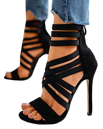 Onsoyours Damen Sexy High Heels Sommersandalen mit Fischmaul Gefrostete Stiletto Sandalen mit Offenem Zeh und Reißverschluss Schwarz 42 EU