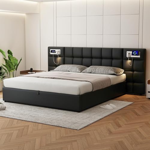 Kayan Polsterbett 180x200cm, Boxspringbett mit hydraulisches Bettkasten, Bett mit Lattenrost, Leselicht mit USB und Drahtloses Aufladen Kopfteil, Stauraumbett Doppelbett Jugendbett, PU (Schwarz)