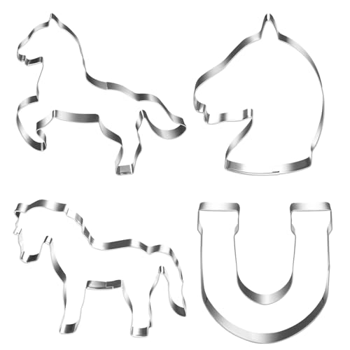 Ausstechformen Pferde, 4 Stück Pferde-Form Plätzchen Ausstecher Set, Edelstahl Plätzchenausstecher Hufeisen, Pferdekopf Keksausstecher, Pony Cookie Cutter Geschenke für Kinder Backen Fondant Torten