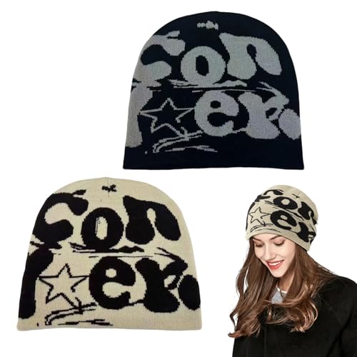 SAIIURV 2 Stück Y2K Hip-Hop Beanies Mütze für Damen Herren (DE/NL/SE/PL, Alphanumerisch, Einheitsgröße, 2 Farben)