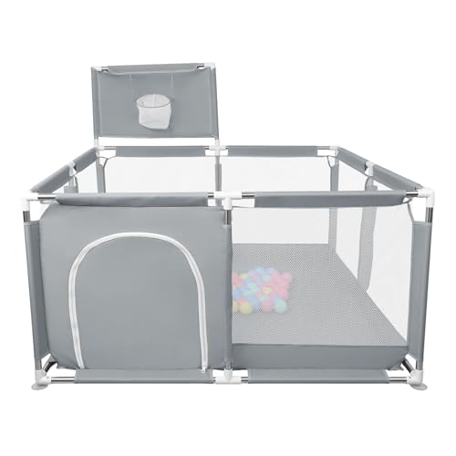 Laufstall Baby,Laufstall baby faltbar für Babys mit weichem,Baby Laufstalls mit Reißverschlusstür,Kinder laufgitter,inklusive 50 Bällen,4 X Zugringen,Leicht zu Reinigen (126x126x66cm Dunkelgrau)