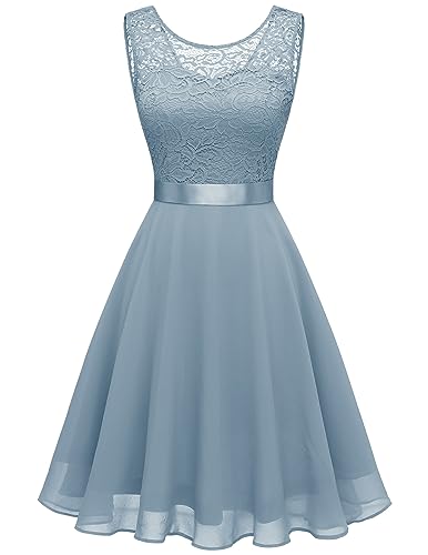 Berylove Damen Kurze Cocktailkleider Elegant Abendkleider Floral Spitze Brautjungfernkleider BLP7005NC Grey Blue S