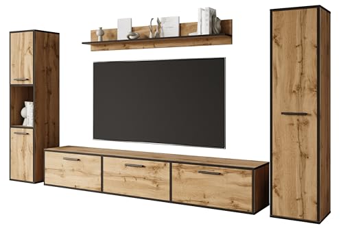 MINIO go for it - Wohnwand Wohnzimmer 4-teilig Toga, Wohnzimmer Möbel Set, 1x TV Lowboard, 2X Hochschrank, 1x Wandboard, Wohnzimmermöbel Komplett, Wohnzimmer Set - Farbe Wotan Eiche/Schwarz Farbe