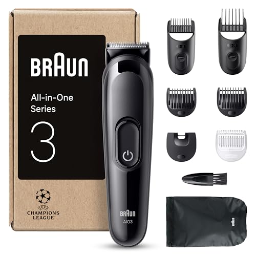 Braun All-in-One Series 3, 8-in-1 Multigroom, Barttrimmer, Nasenhaartrimmer, Haarschneider, Haarschneidemaschine für Gesicht und Kopf, 50 Min Akku, 14 Längen (3–21 mm), Wasserdicht, AIO3545, Schwarz